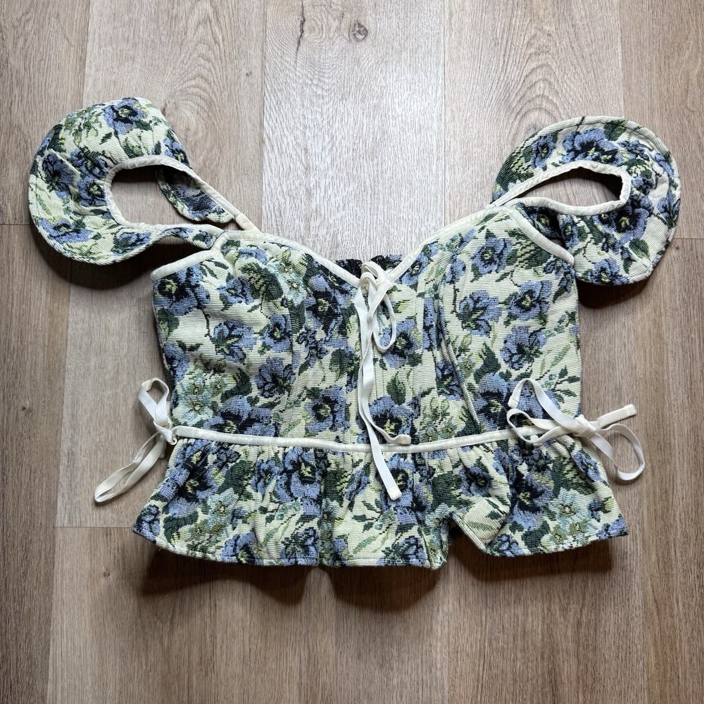 Sofie the Label Floral Tapestry Corset Top Blue Green Lace Up Peplum L S1339T-2